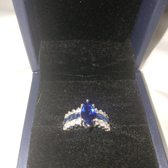 Italo Blue Sapphire & Faux Diamond Engagement/Wedding Band Combination Ring 7.5